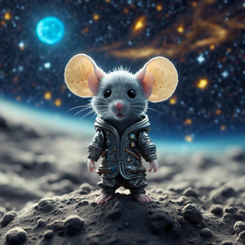 Chibi Mouse on Moon with Starry Night Sky