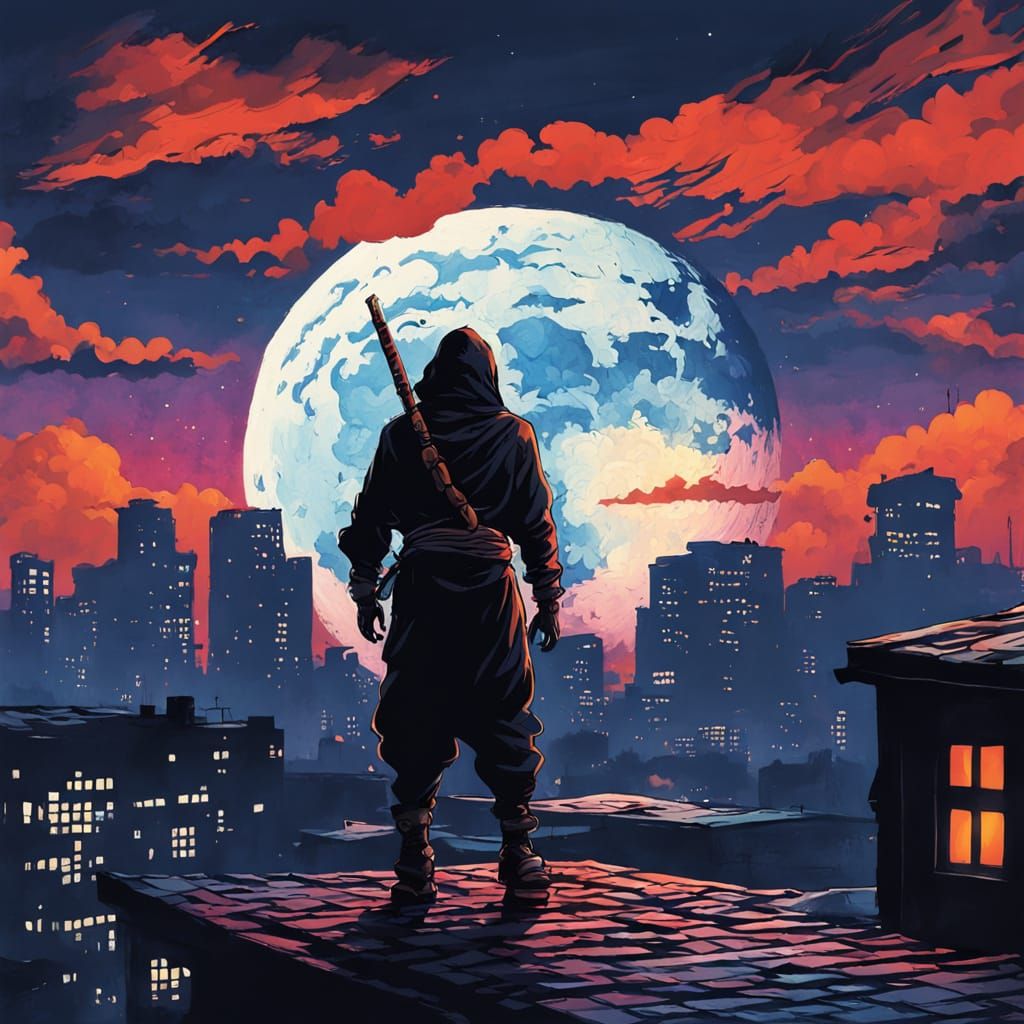Ninja Silhouette Against Moon in Graffiti Art Style