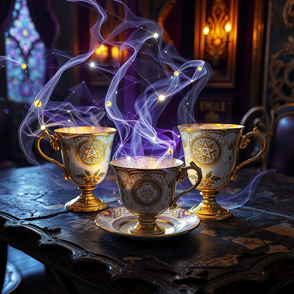 Dark Fantasy Holographic Lights Dance on Ornate Table