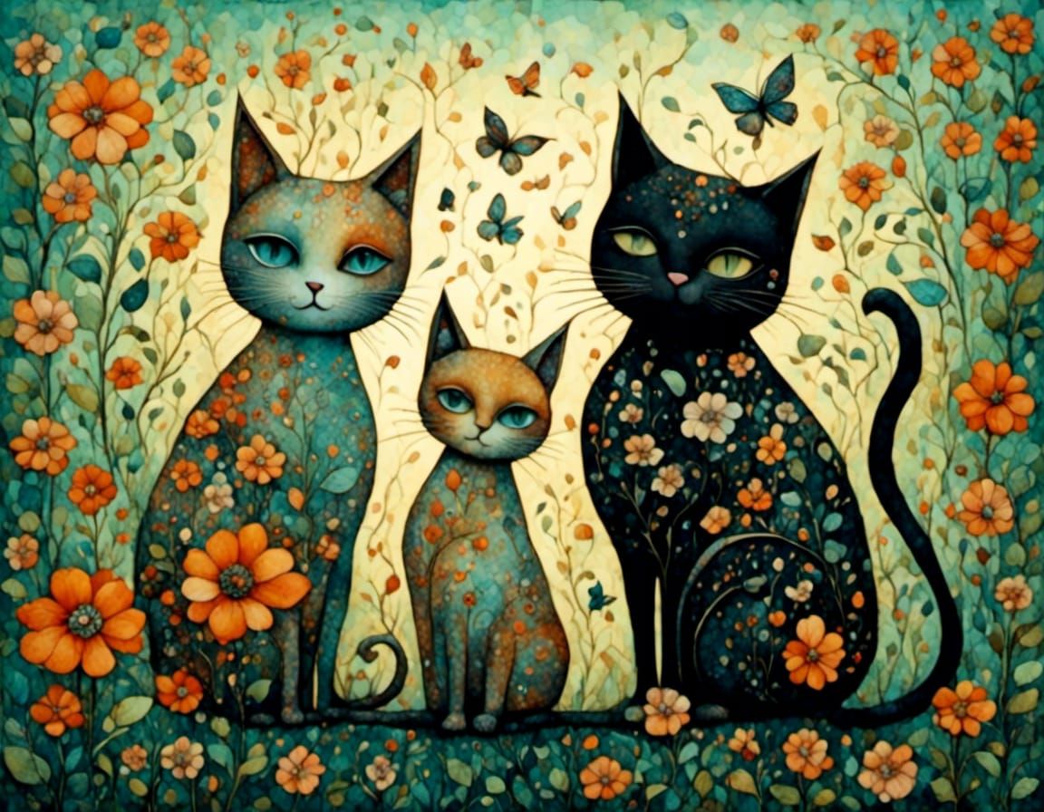 Two Cute Cats Chatting in Watercolor Style