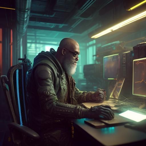 A bald 60 year old black american cyberpunk with white beard...