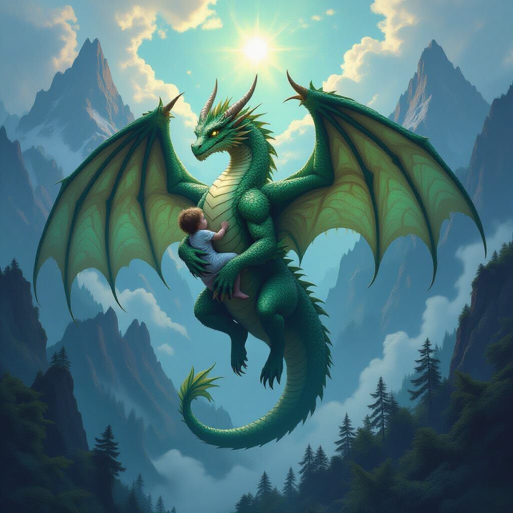 Dragon Cradling Children in Ethereal Cosmic Light