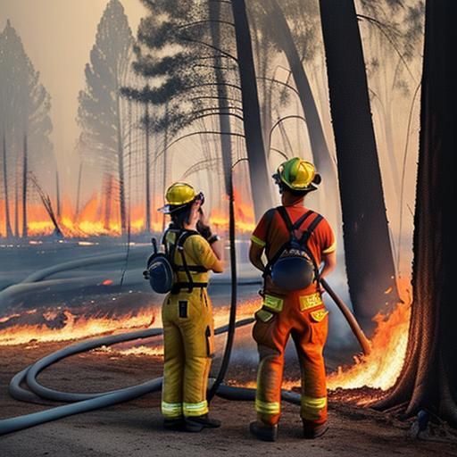 A person in full firefighter gear putting out a fire, next to someone in painter's overalls creating a beautiful landsca...