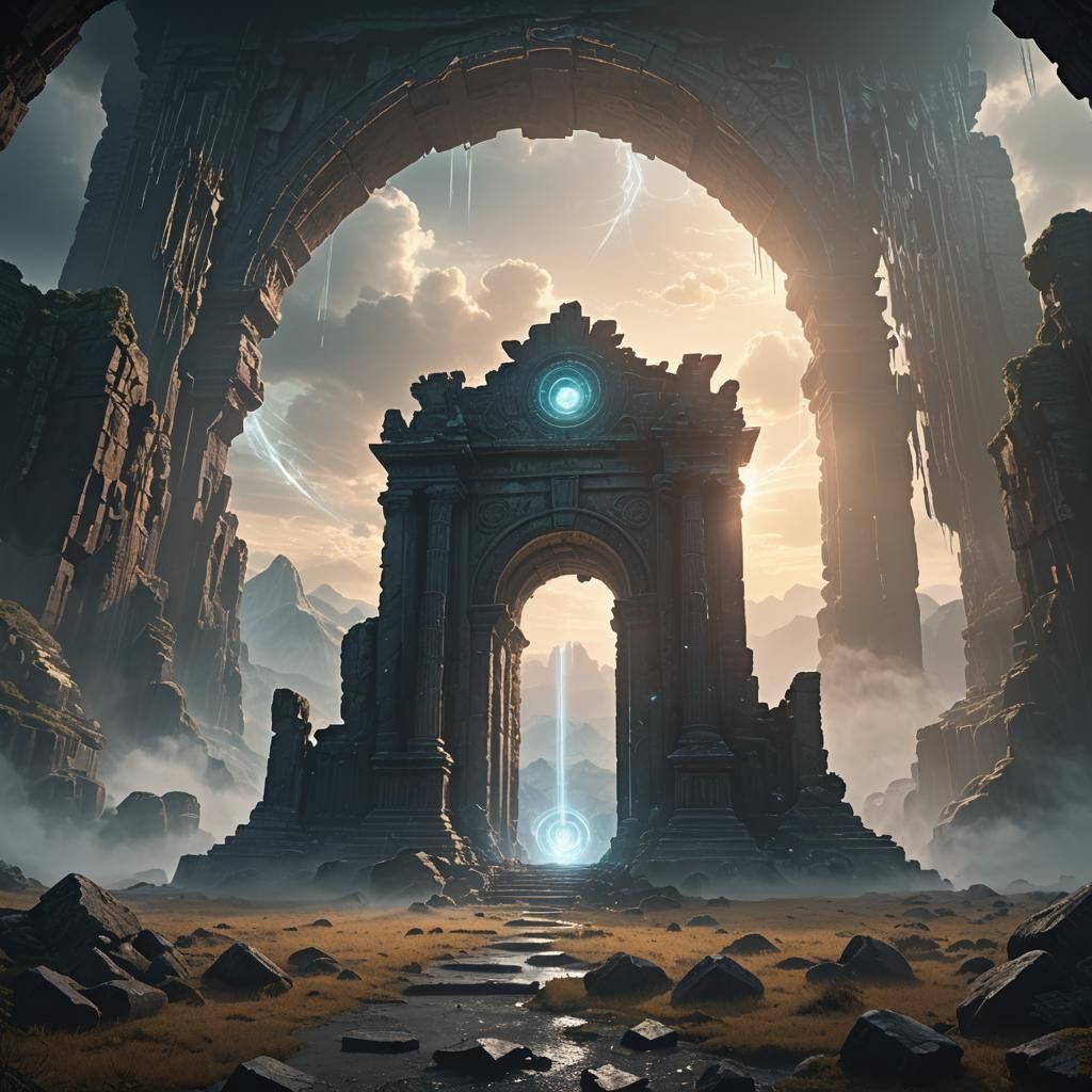 Ethereal Portal Opens in Misty Ruin Landscape