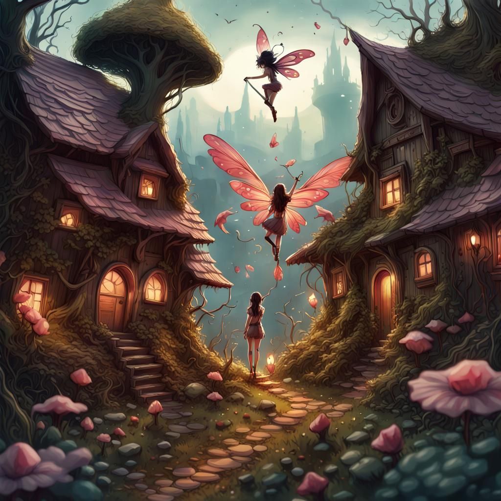 Miniature Rockstar Fairy in Flower Village: Digital Art