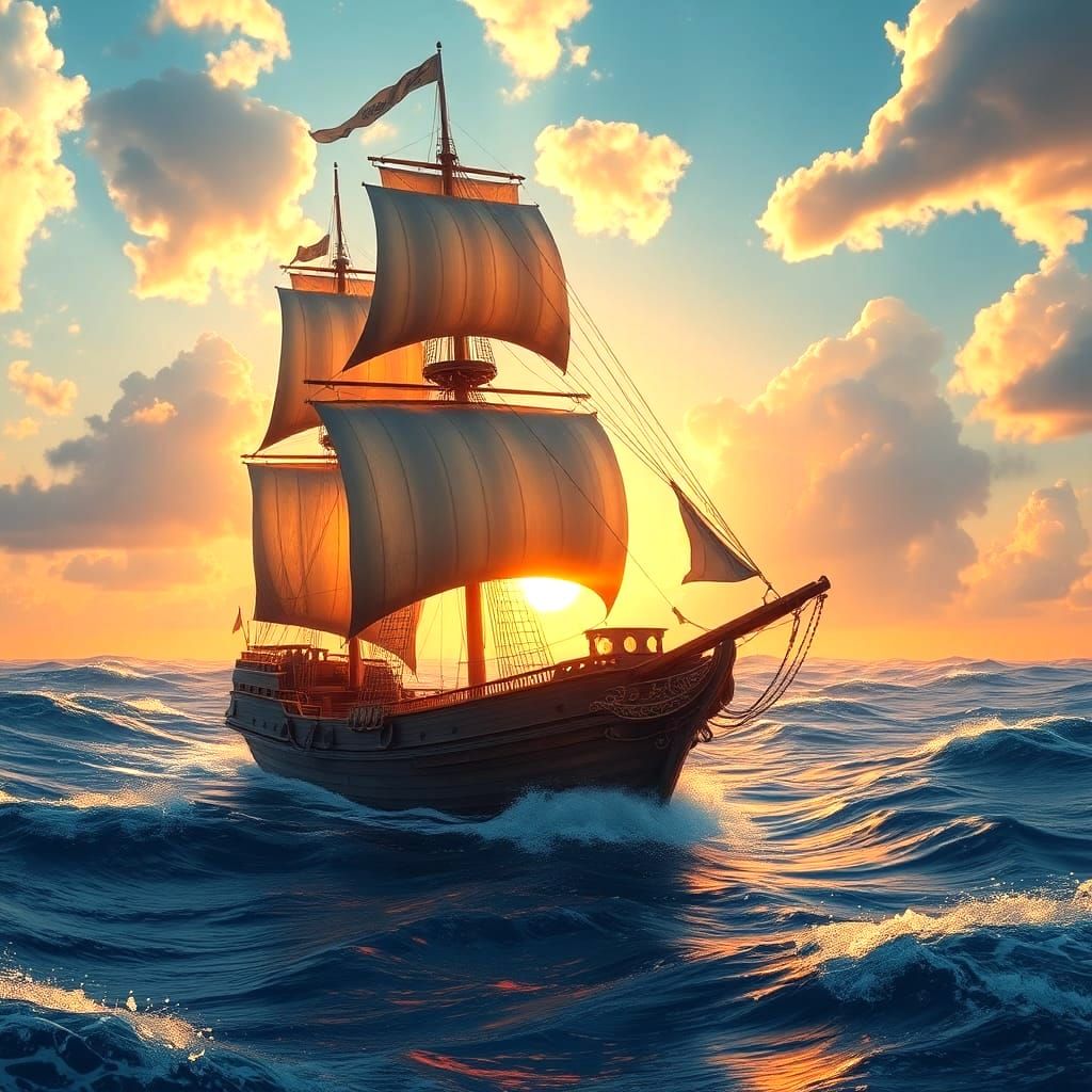 Brown Ship at Sunrise: Fantastical Matte Painting