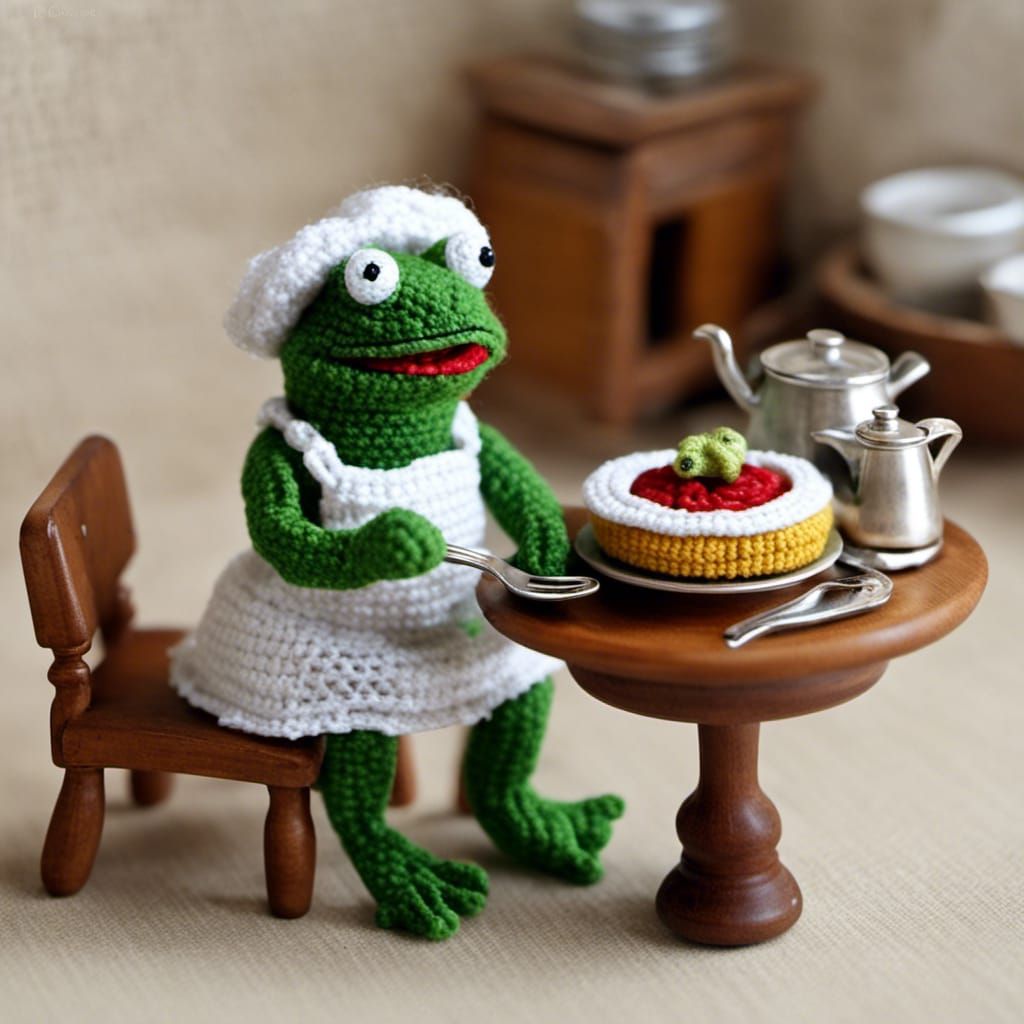 Crocheted Frog Baking Pie in Miniature Diorama