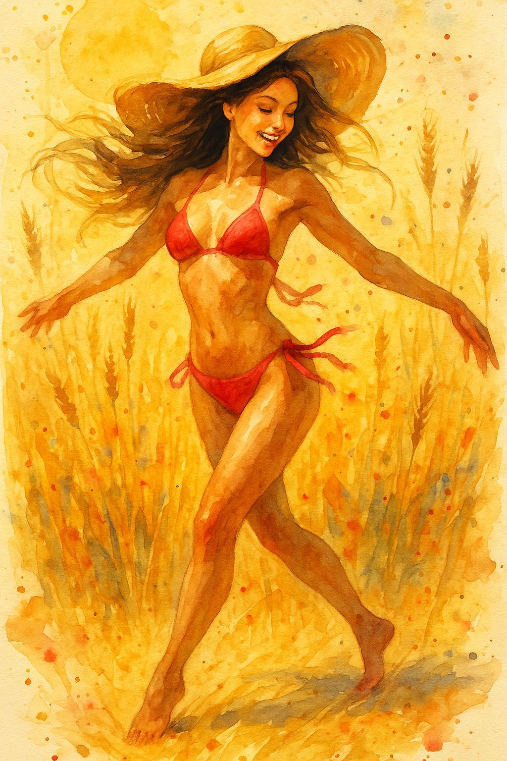 Woman Dancing in Wheat Field: Watercolor Art