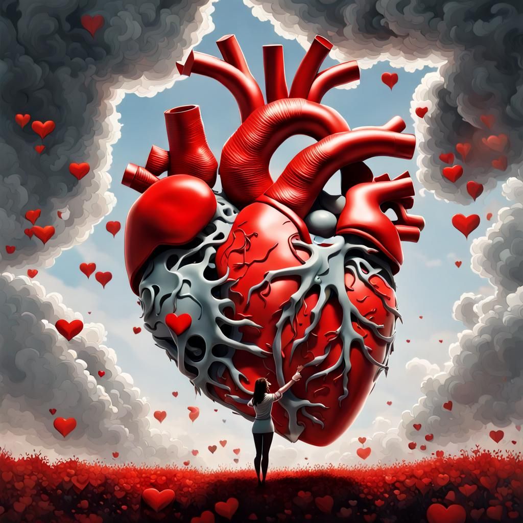 Hyperdetailed Heart Touched by Woman in Sunny Sky