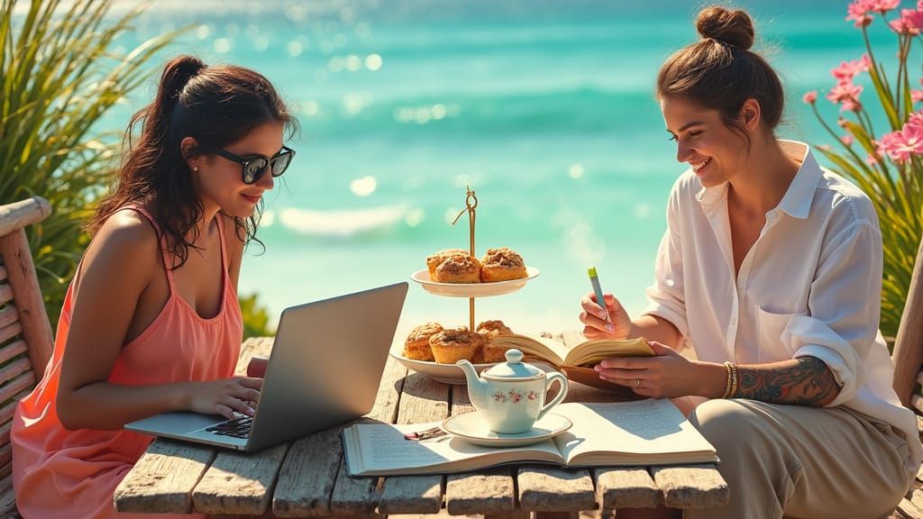 Friends Enjoying Seaside Tea on Sunny Patio