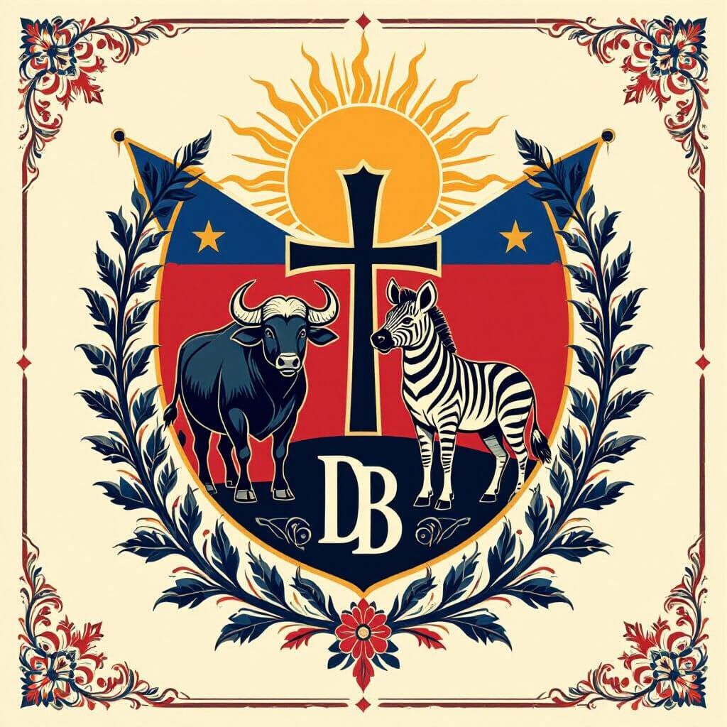 Majestic Family Crest with Buffalo, Hyena, Sun and Cedar Tre...