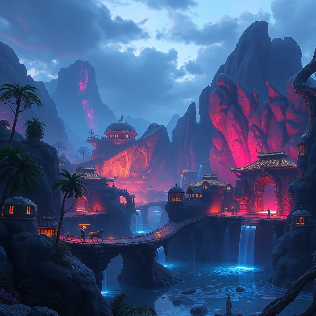 Fantastical Oasis Under Twilight Skies