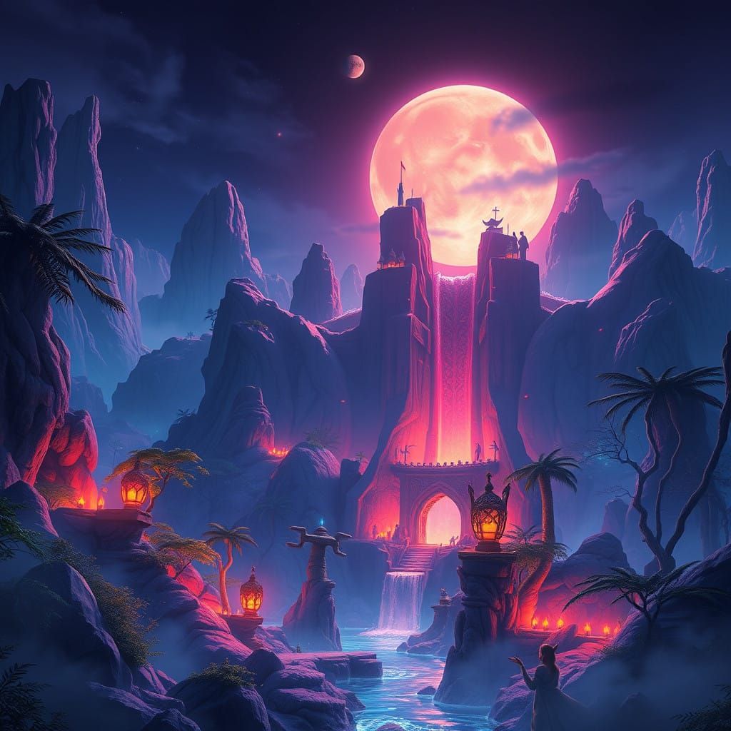 Fantastical Twilight Oasis in Deep Sapphire Hues