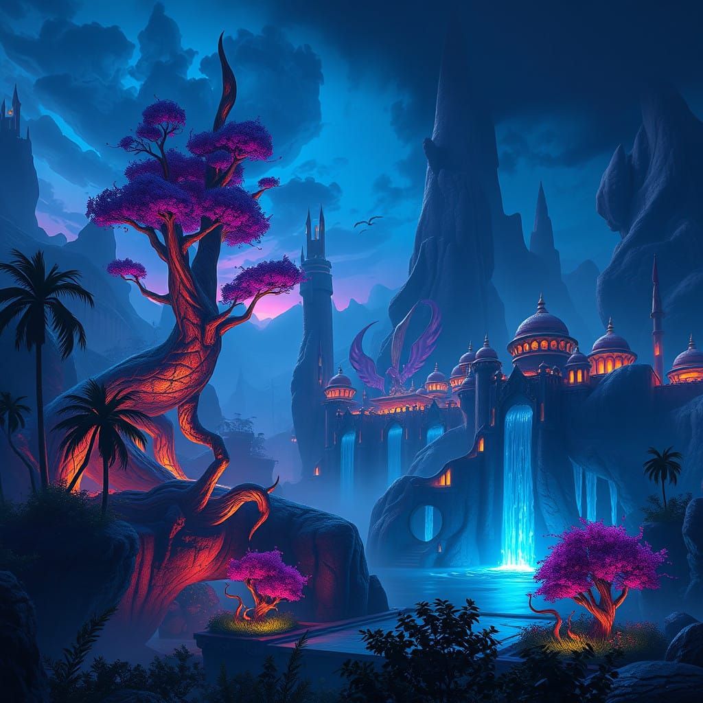 Surreal Fantasy Oasis in Twilight Sapphire Hues
