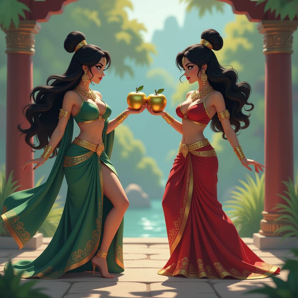 Goddesses Clash Over Golden Apples in Cartoon Style