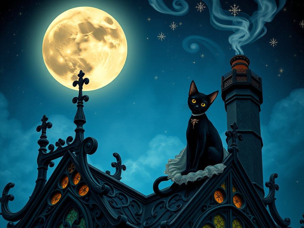 Victorian Black Cat on Gothic Roof at Night