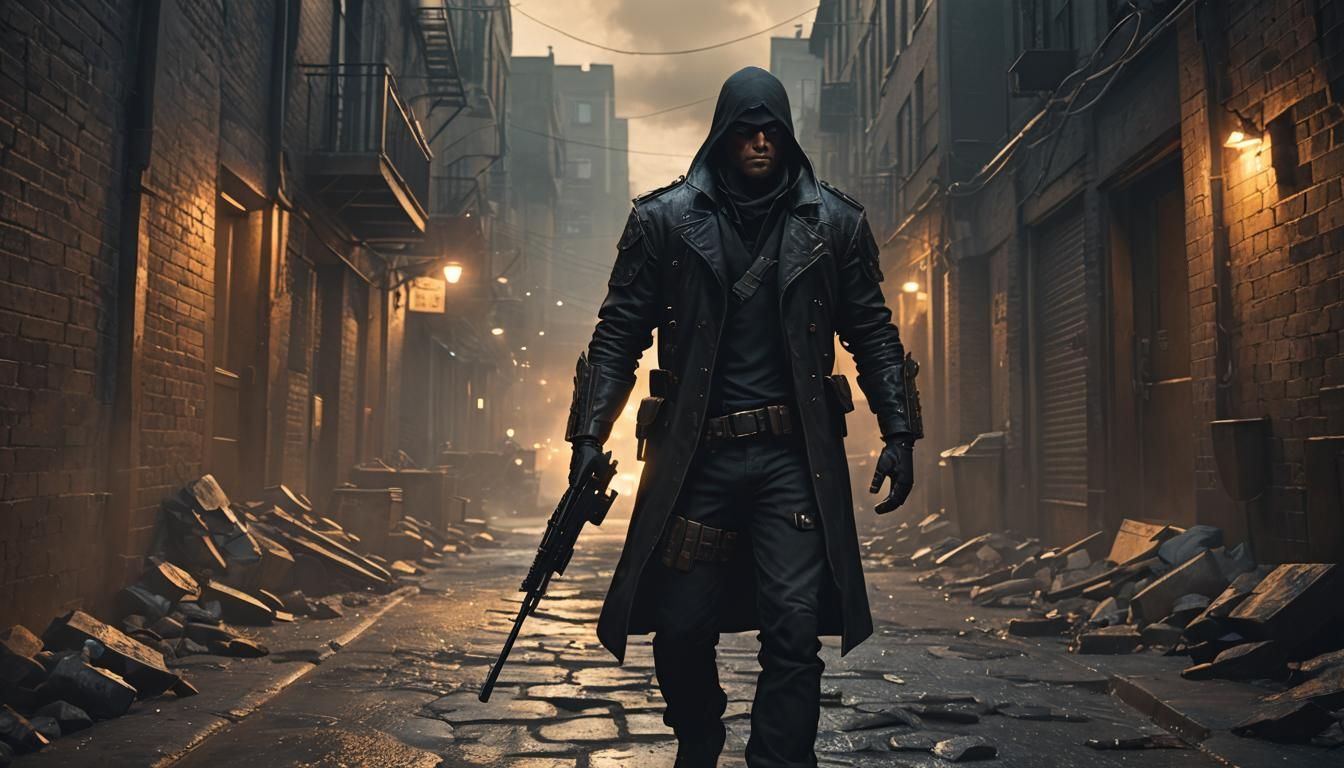 Gritty Vigilante in Golden Hour, Cinematic 3D Art