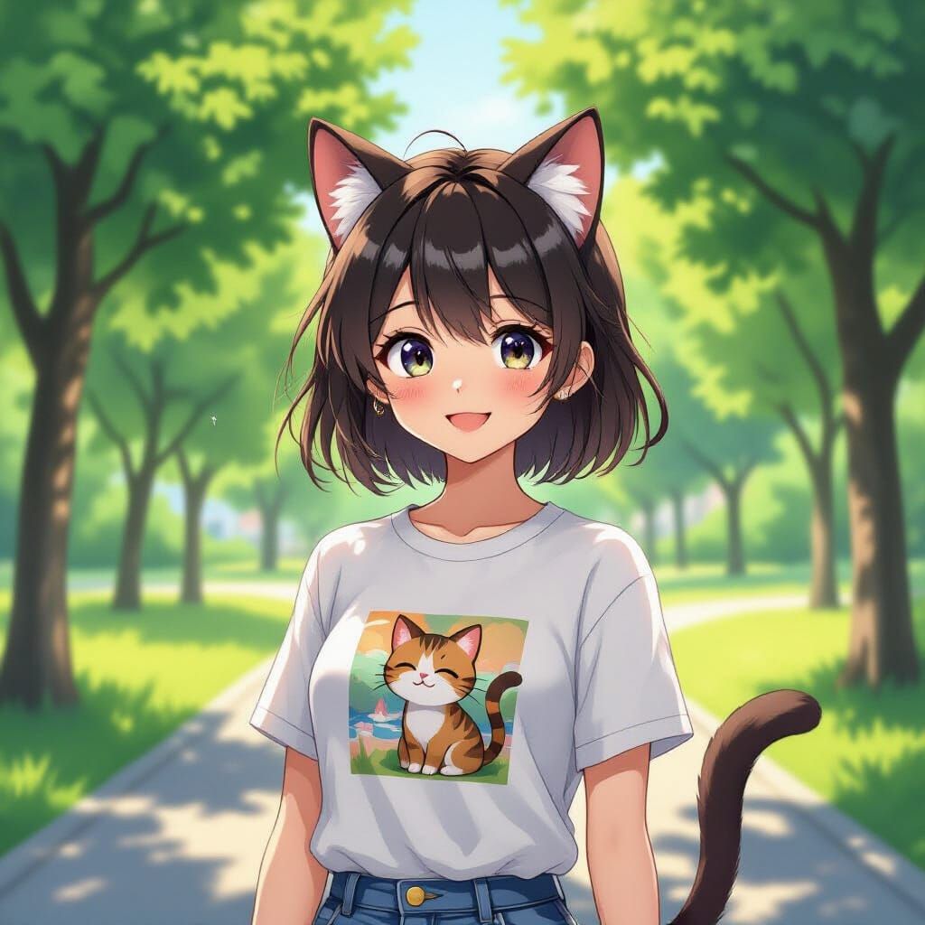 Anime Girl with Cat Ears and Tail in Park