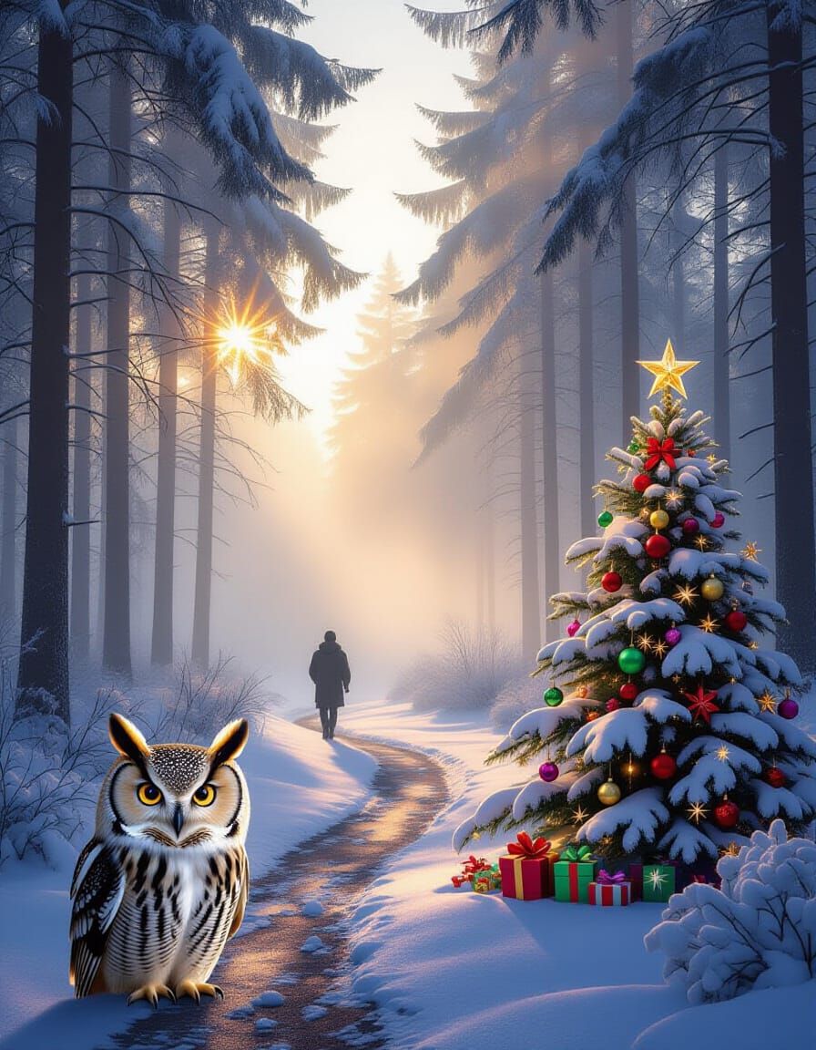 Enchanting Foggy Forest with Christmas Owl