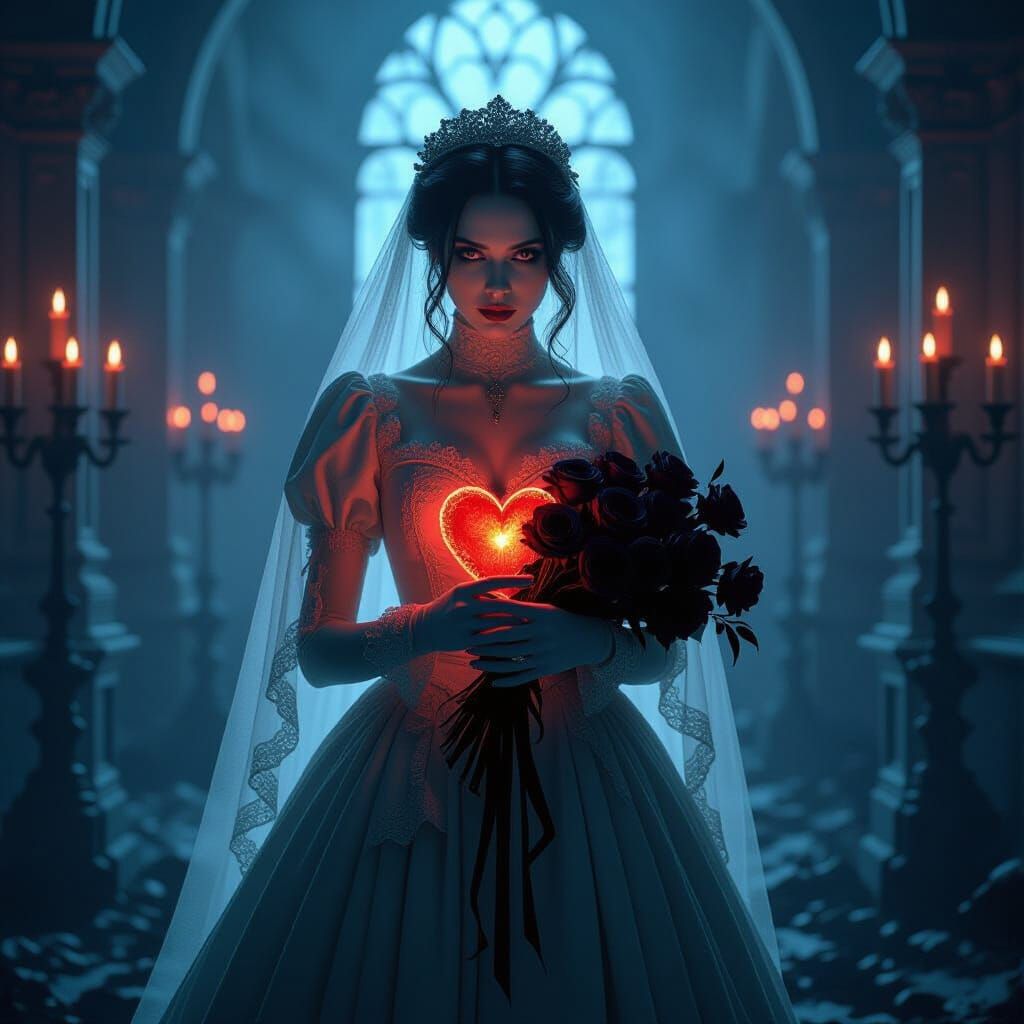 Ghost Bride With Glowing Heart in Abandoned Ballroom