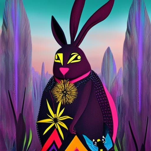 Surreal Bunny Kaiju in Urban Dreamscape, Colorized Grayscale