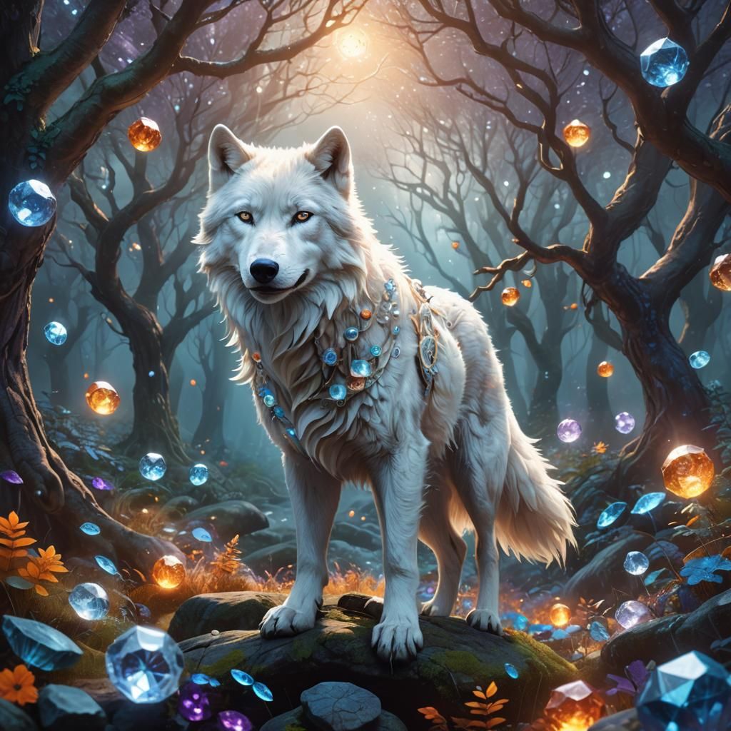 Mystical White Wolf in Gemstone Forest