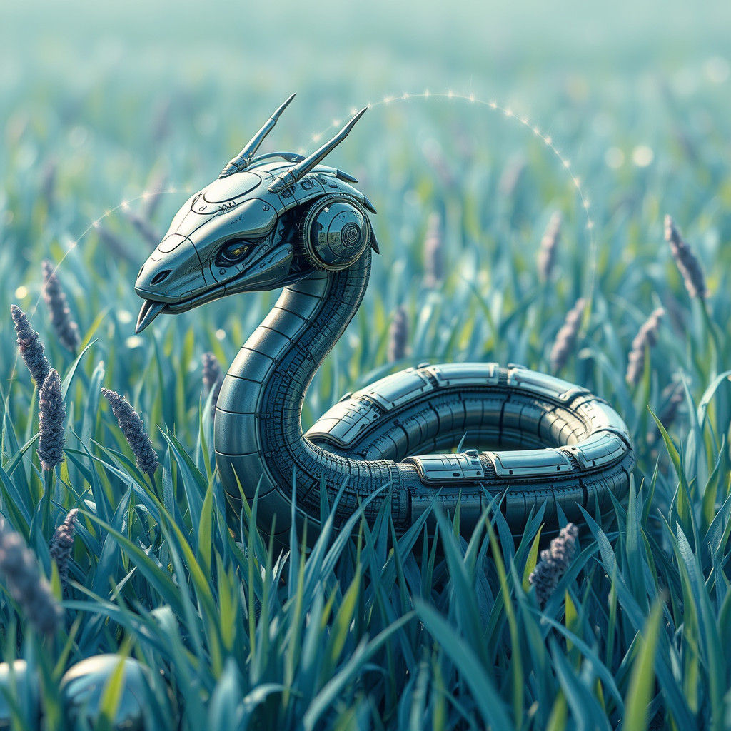 Mechanical Serpent in Iridescent Blue Grassland