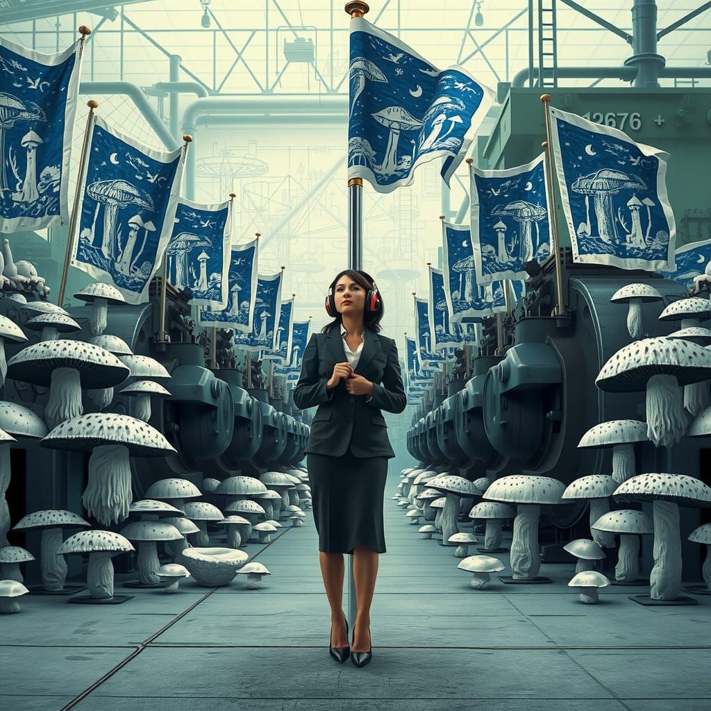 Businesswoman Amidst Surreal Mushroom Utopia in Industrial H...