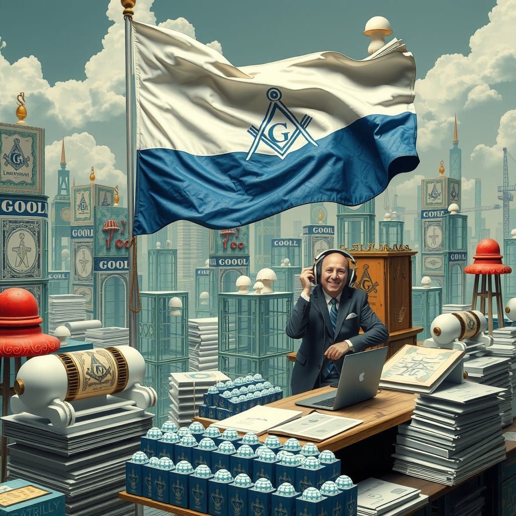 Surreal Cityscape Featuring Giant Mushroom-Themed Flags and...