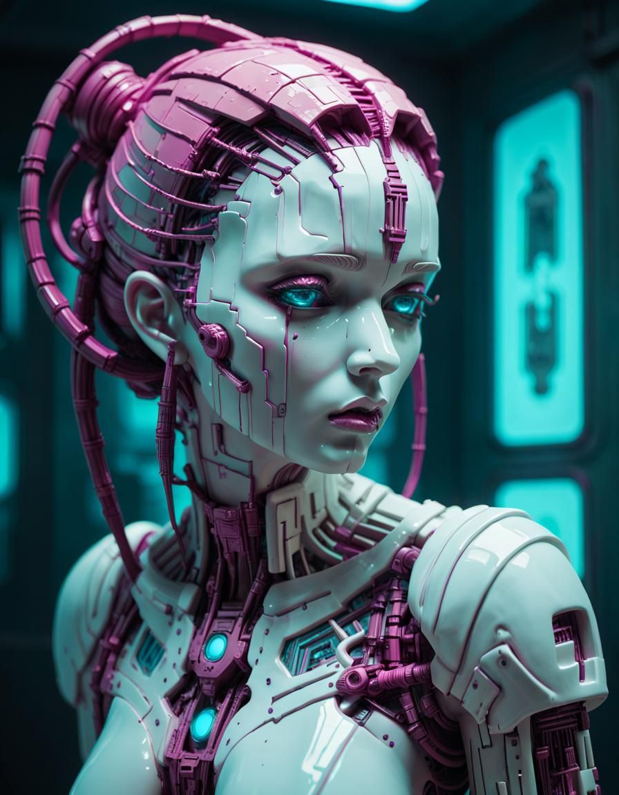 Cyberpunk Porcelain Sculpture with Glitch Effects