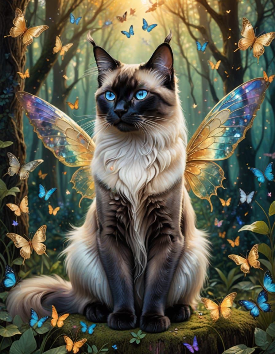 Siamese Cat with Fairy Wings in Enchanted Forest