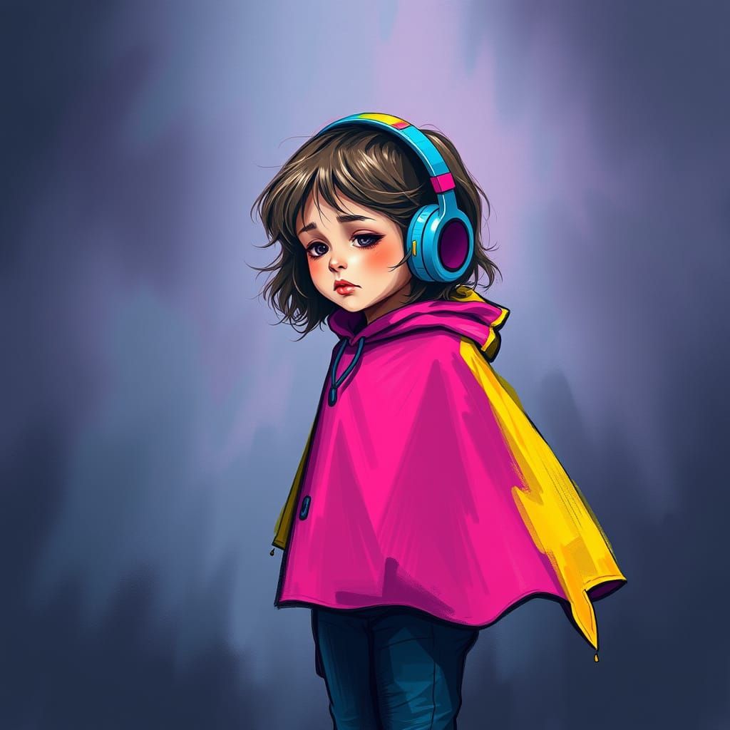 Colorful Shadow: Girl with Headphones in Expressive Style