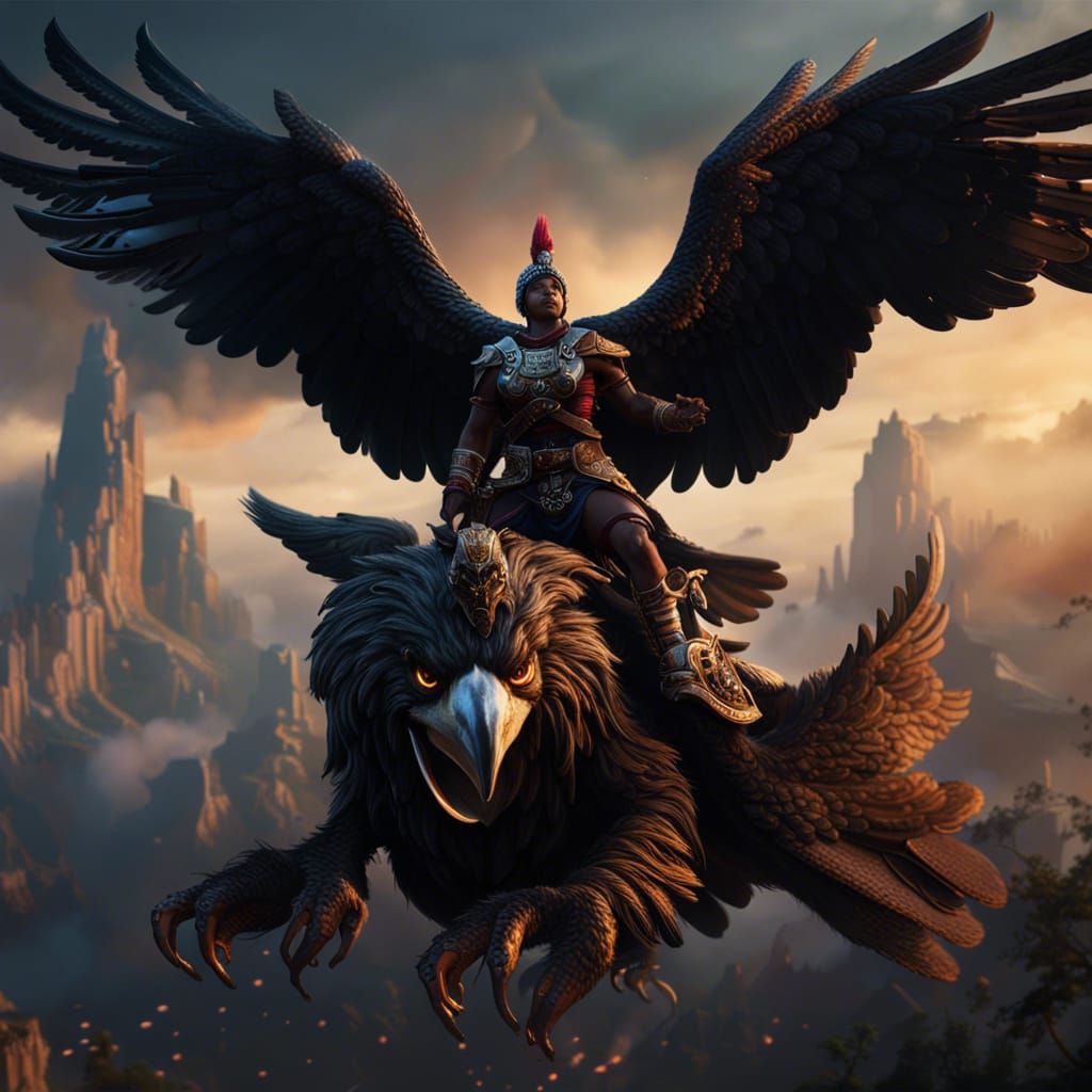 Mighty Warrior Rides Giant Eagle in Fantasy Art