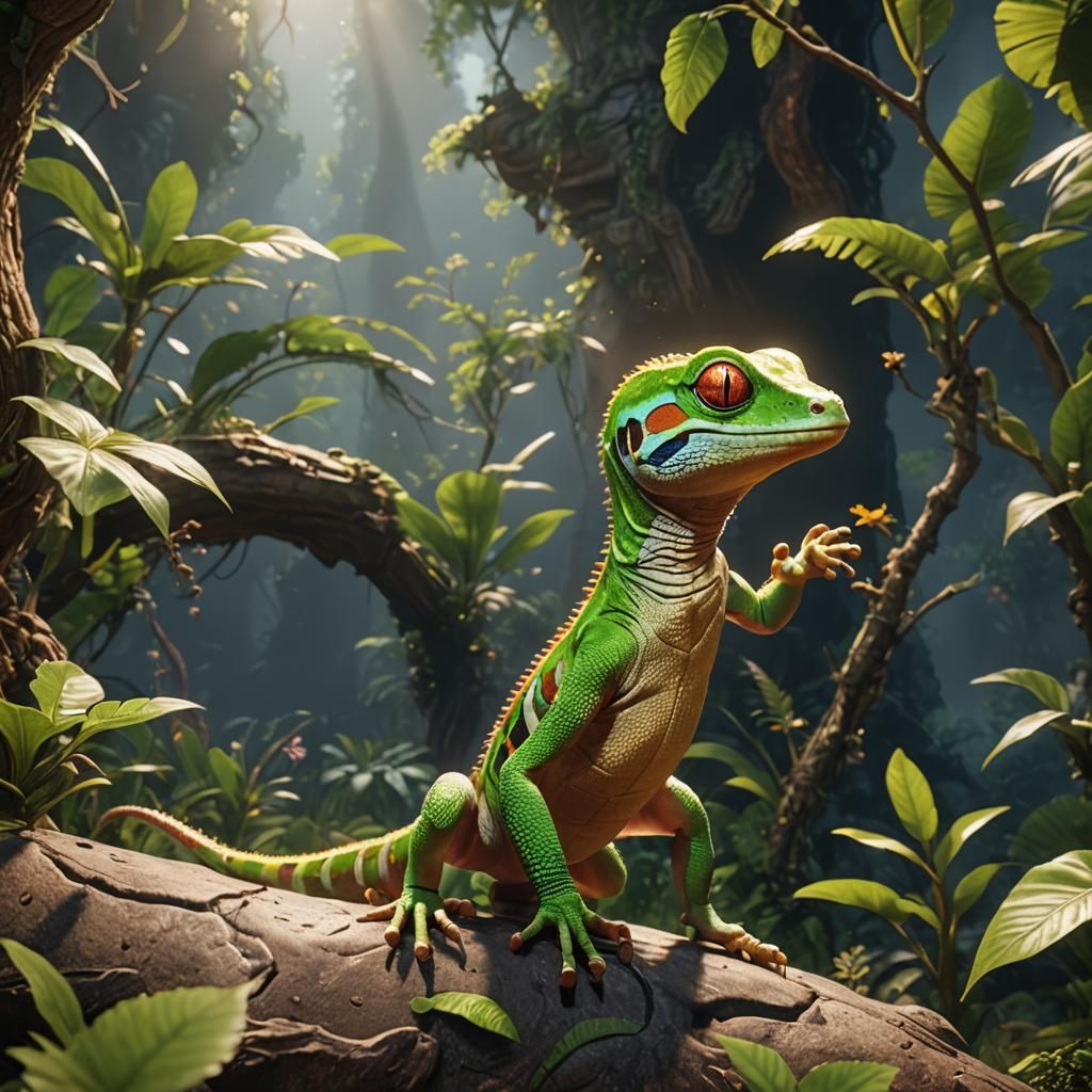 Gecko with Nature Magic in 3D Cinematic Style