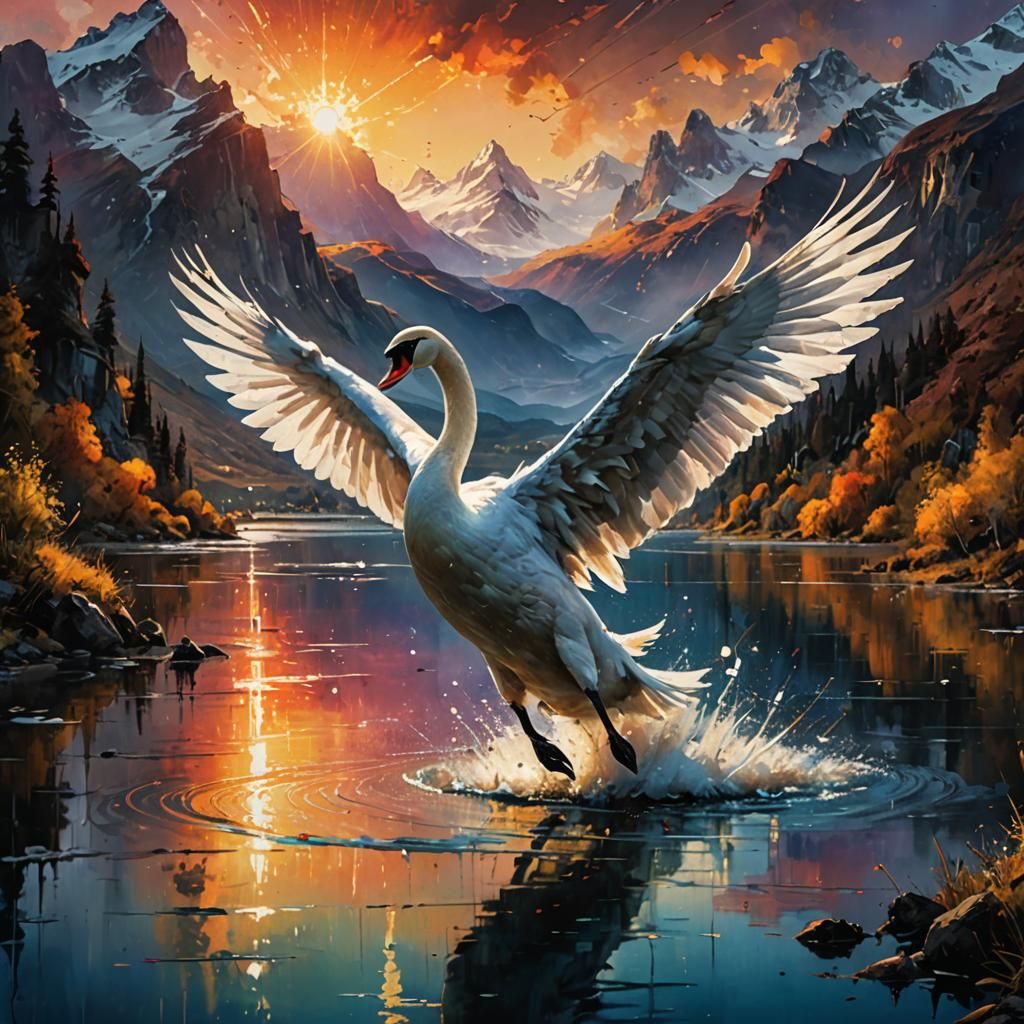Swan Landing on Lake at Sunset: Detailed Matte Painting