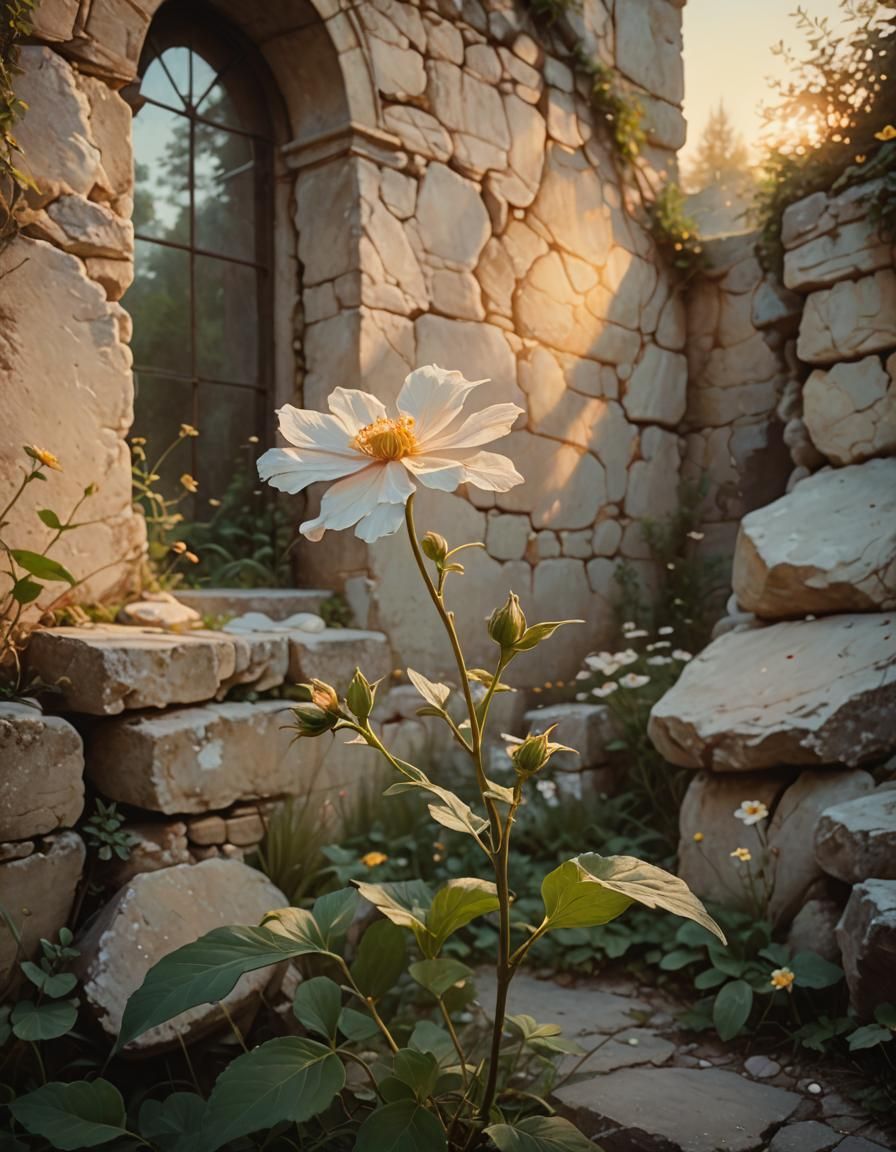Single Flower Blooms in Forgotten Garden as Oil Painting