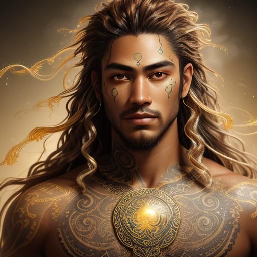 Maori Man with Golden Hair in Hyperrealistic Digital Art