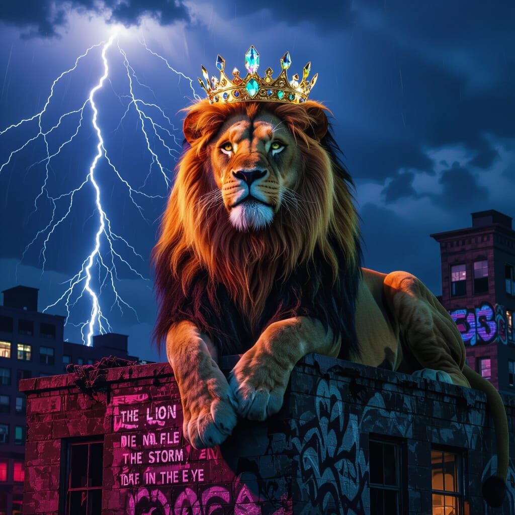 Lion King of the City in Stormy Night