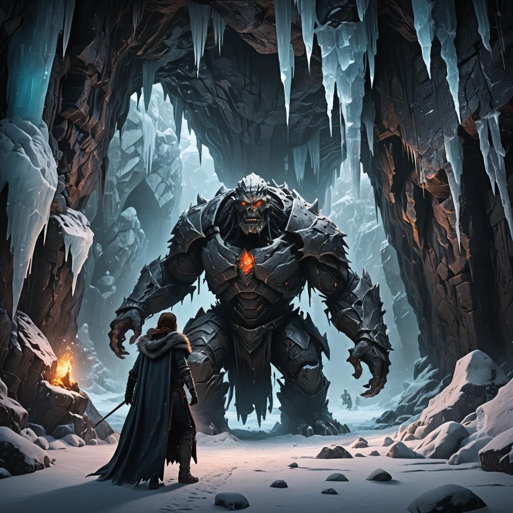 Adventurer Encounters Flesh Golem in Frozen Cave