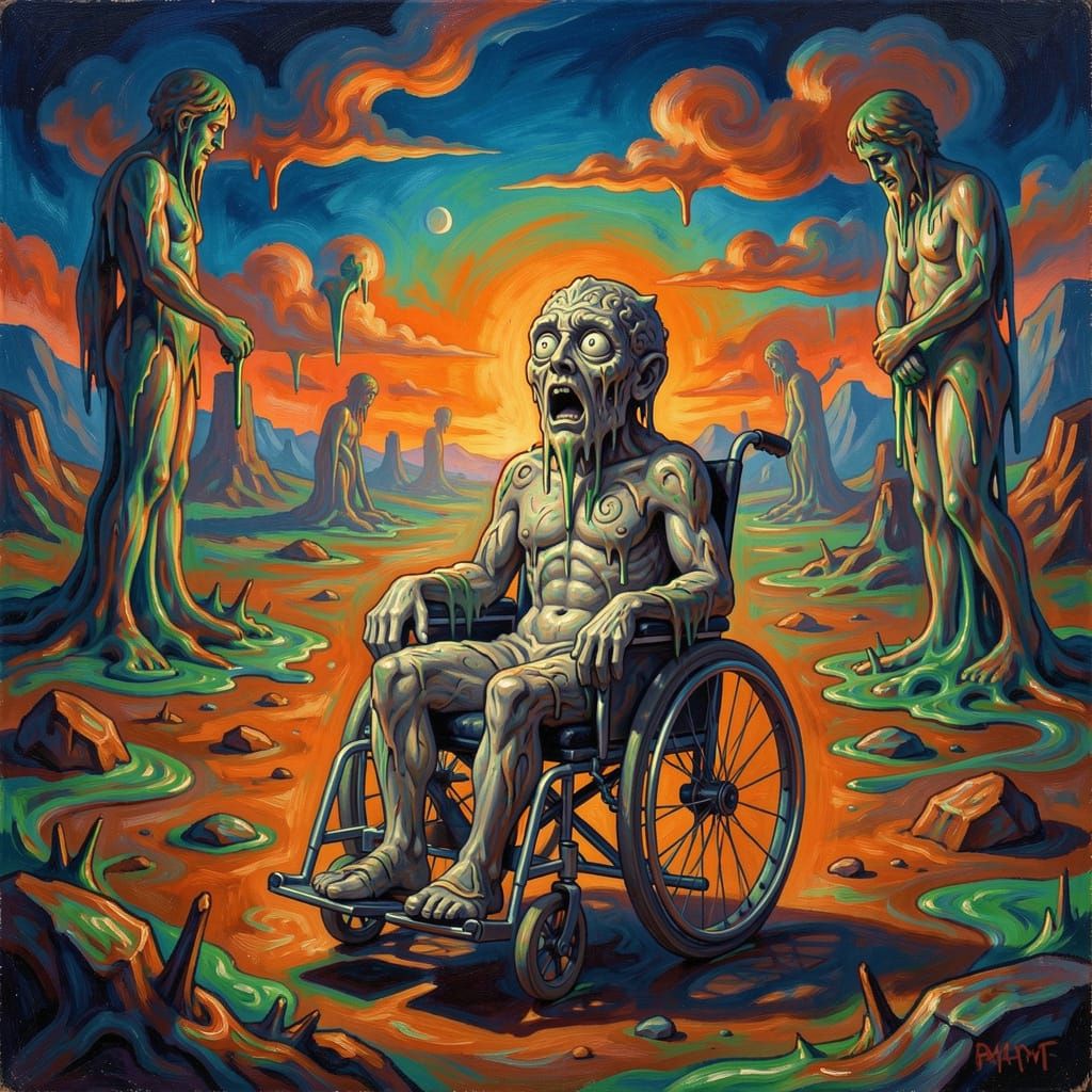 Surreal Melting Statues in Ethereal Landscape