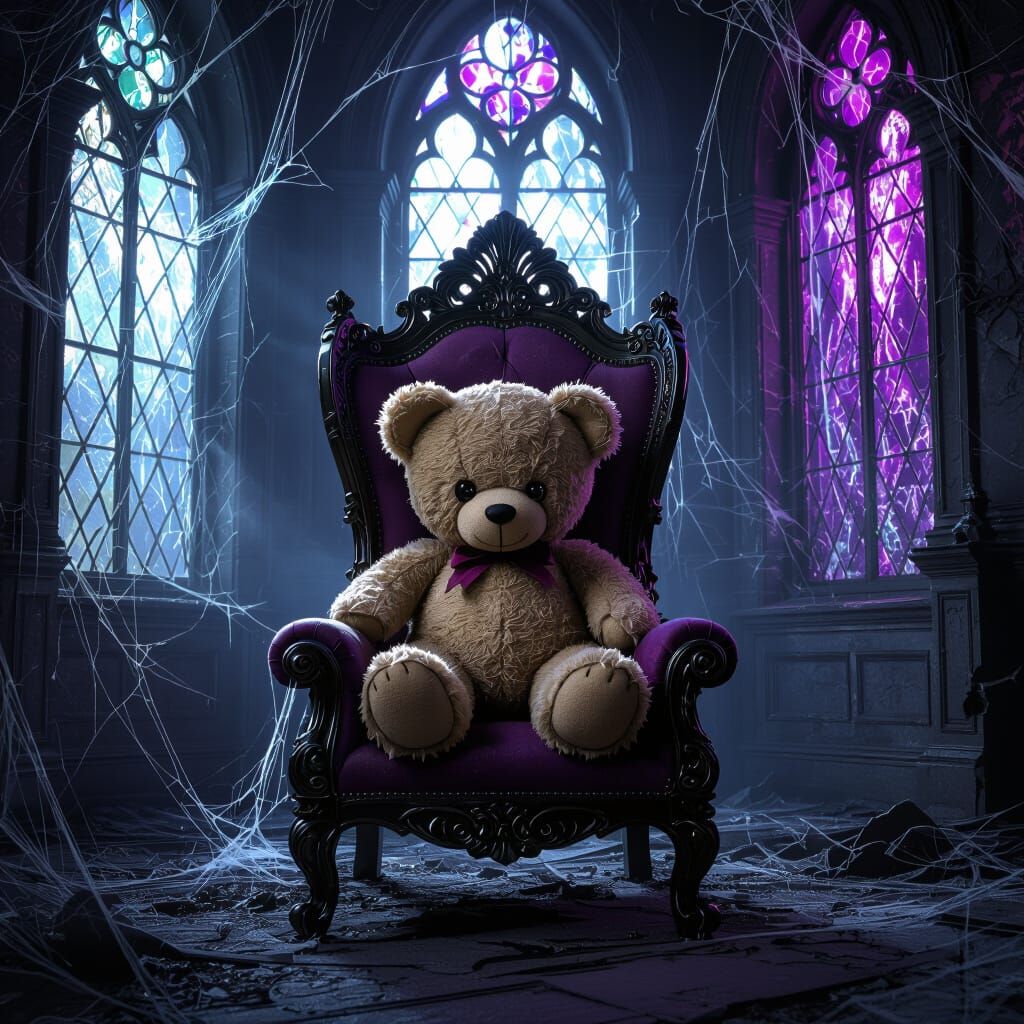 Lonely Teddy Bear on Throne in Haunted Victorian Mansion