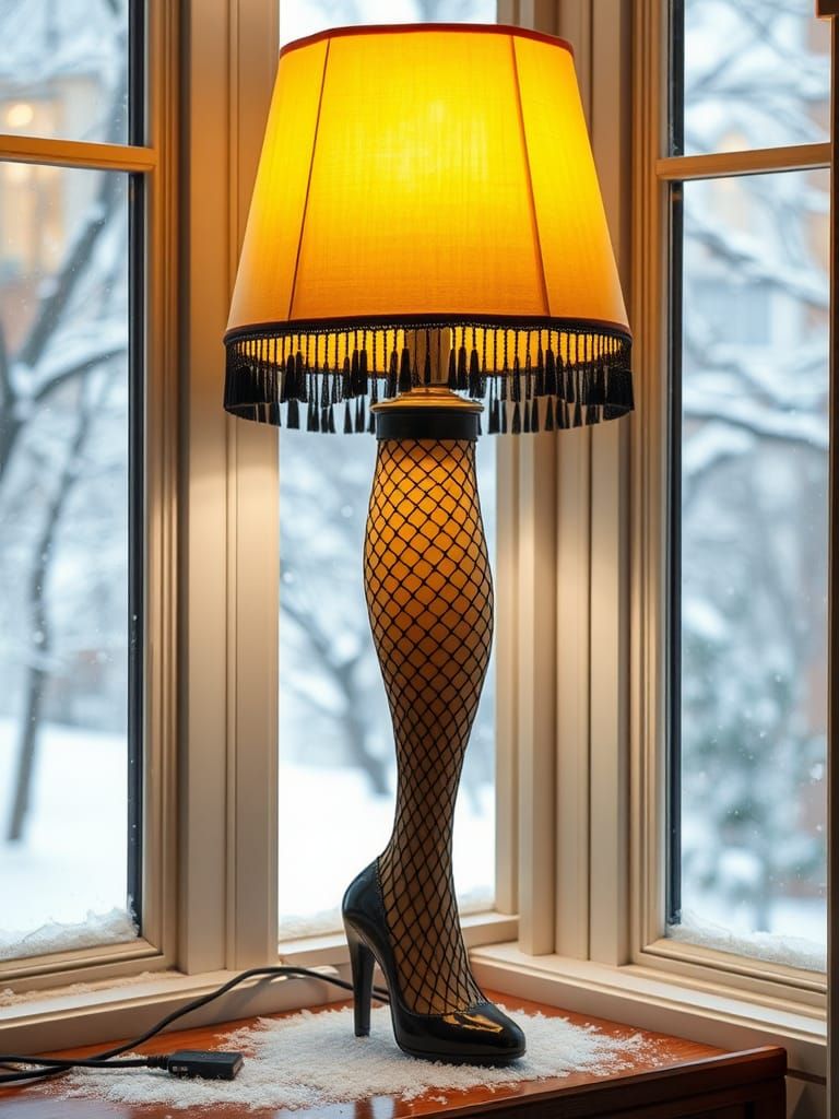 Leg Lamp with 1950s Shade in Snowy Window
