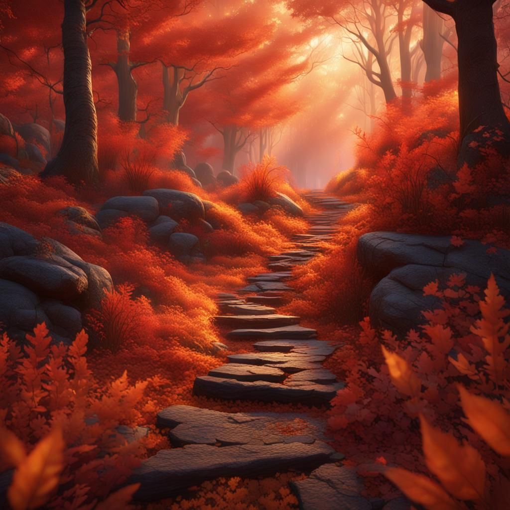 Bioluminescent Autumn Forest Trail in Digital Painting Style