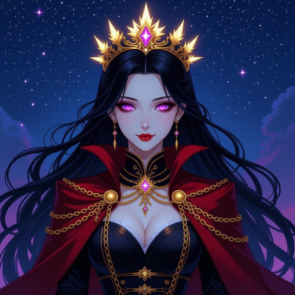 Anime Empress with Violet Eyes in Starry Night