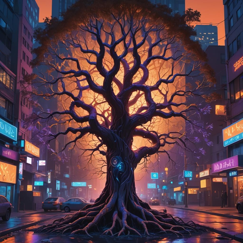 Tree of Life in a Futuristic Cityscape