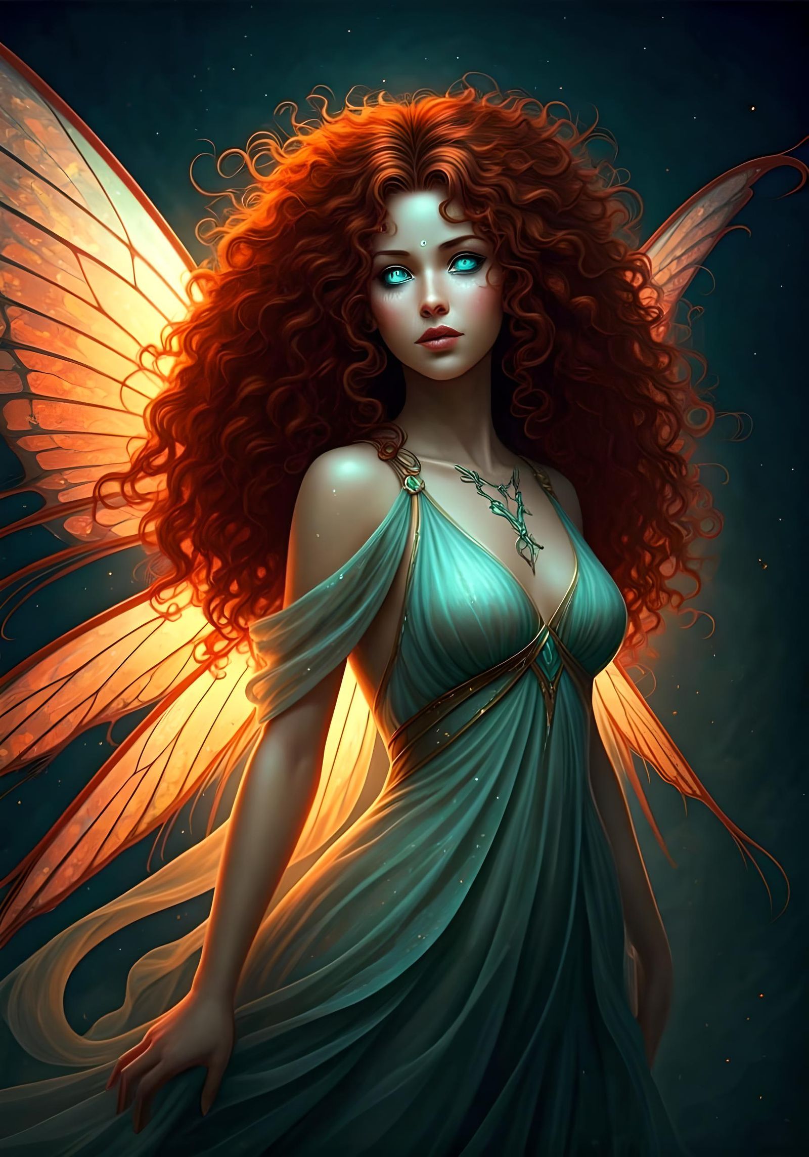 Teal and Orange Fairy with Iridescent Wings