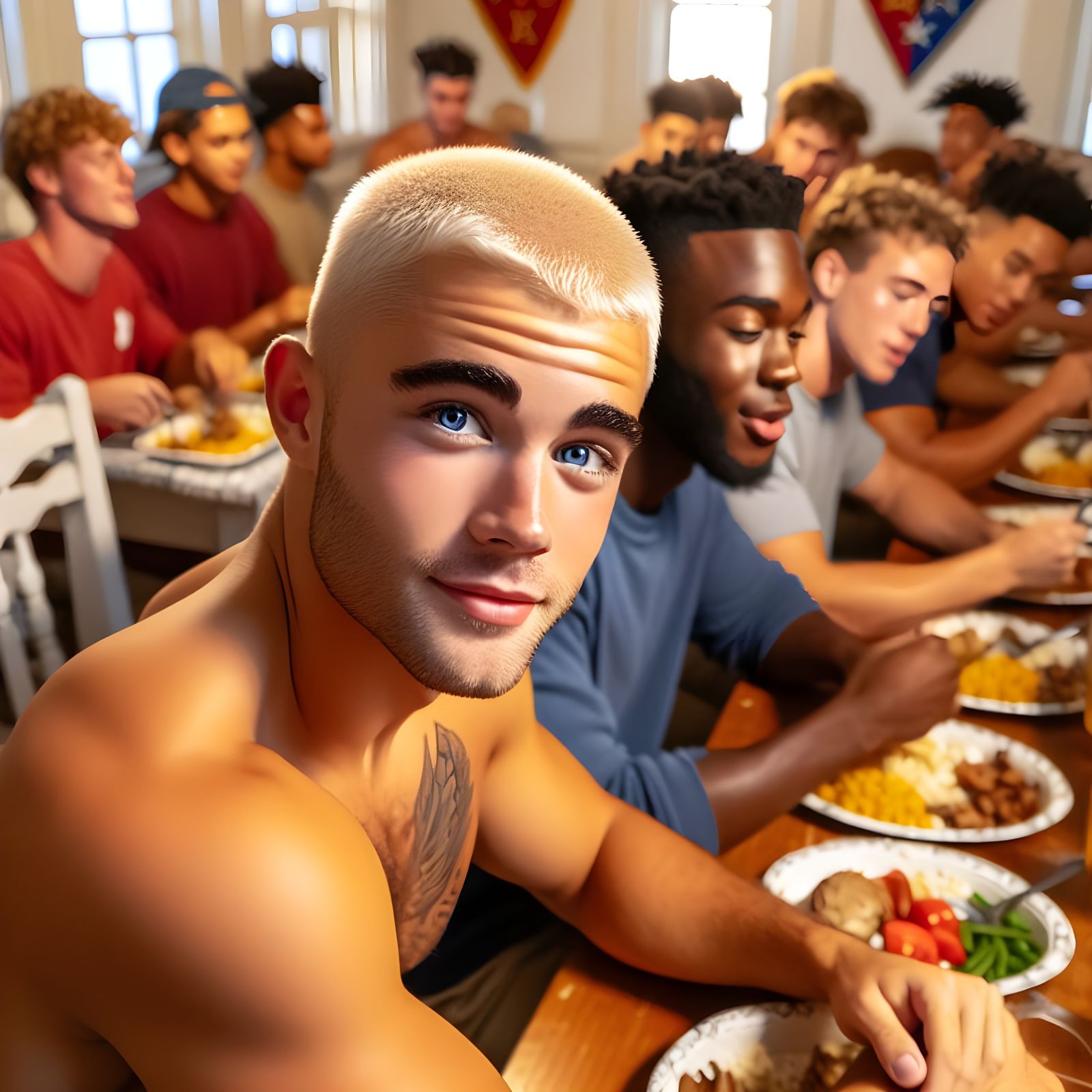 Fraternity Brothers Enjoying Dinner, Professional Photograph...