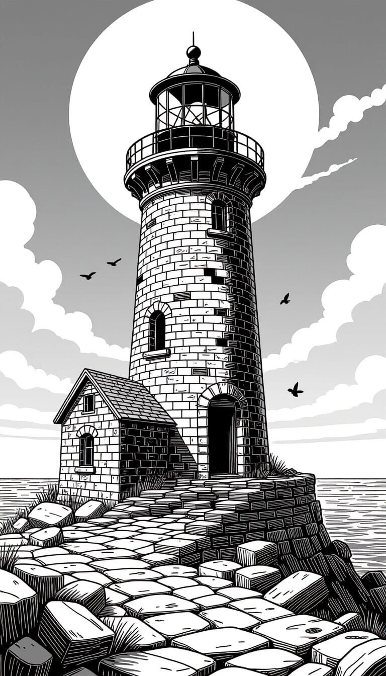 Decrepit Lighthouse in Jim Woodring Style Linework