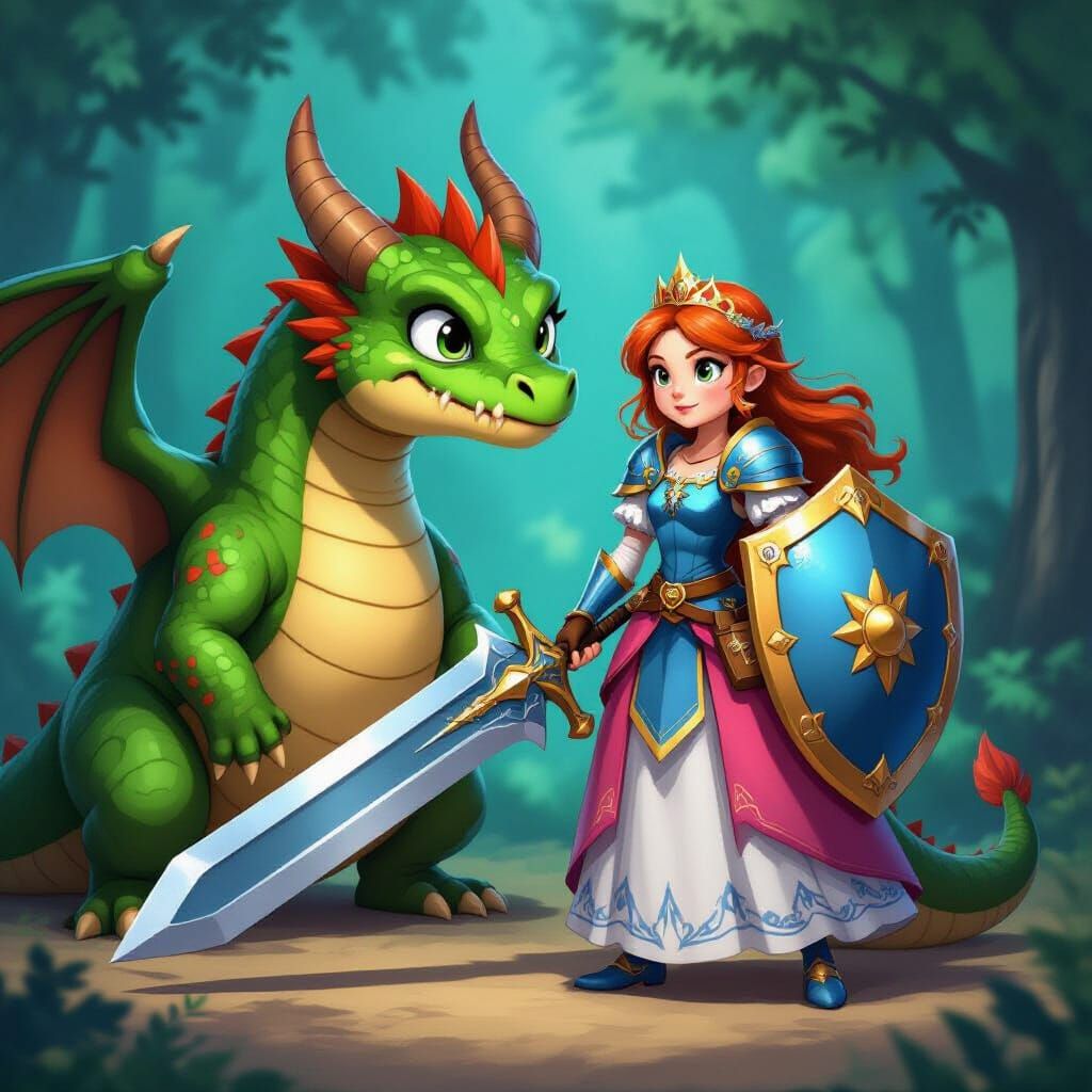 Princess Defends Dragon with Sword and Shield