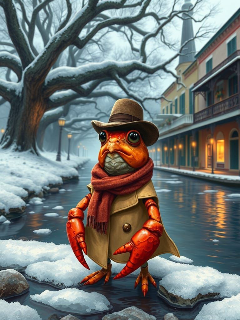 Crayfish in Whimsical New Orleans Winter Scene